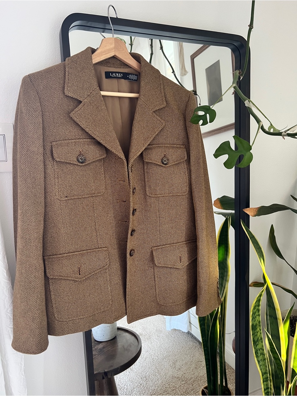 Lauren Ralph Lauren Tan Herringbone Wool Riding Coat